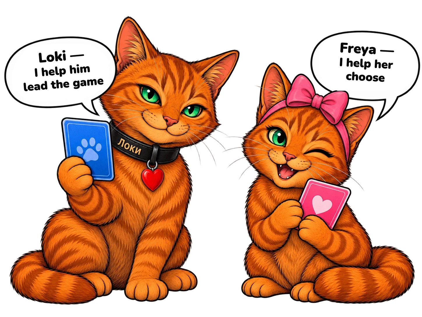Loki with a blue card helps him lead the game, while Freya with a pink card helps her choose